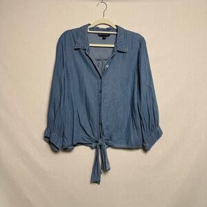 Zac & Rachel Blue Lyocell Button Front Tie-Hem Blouse Crop XL